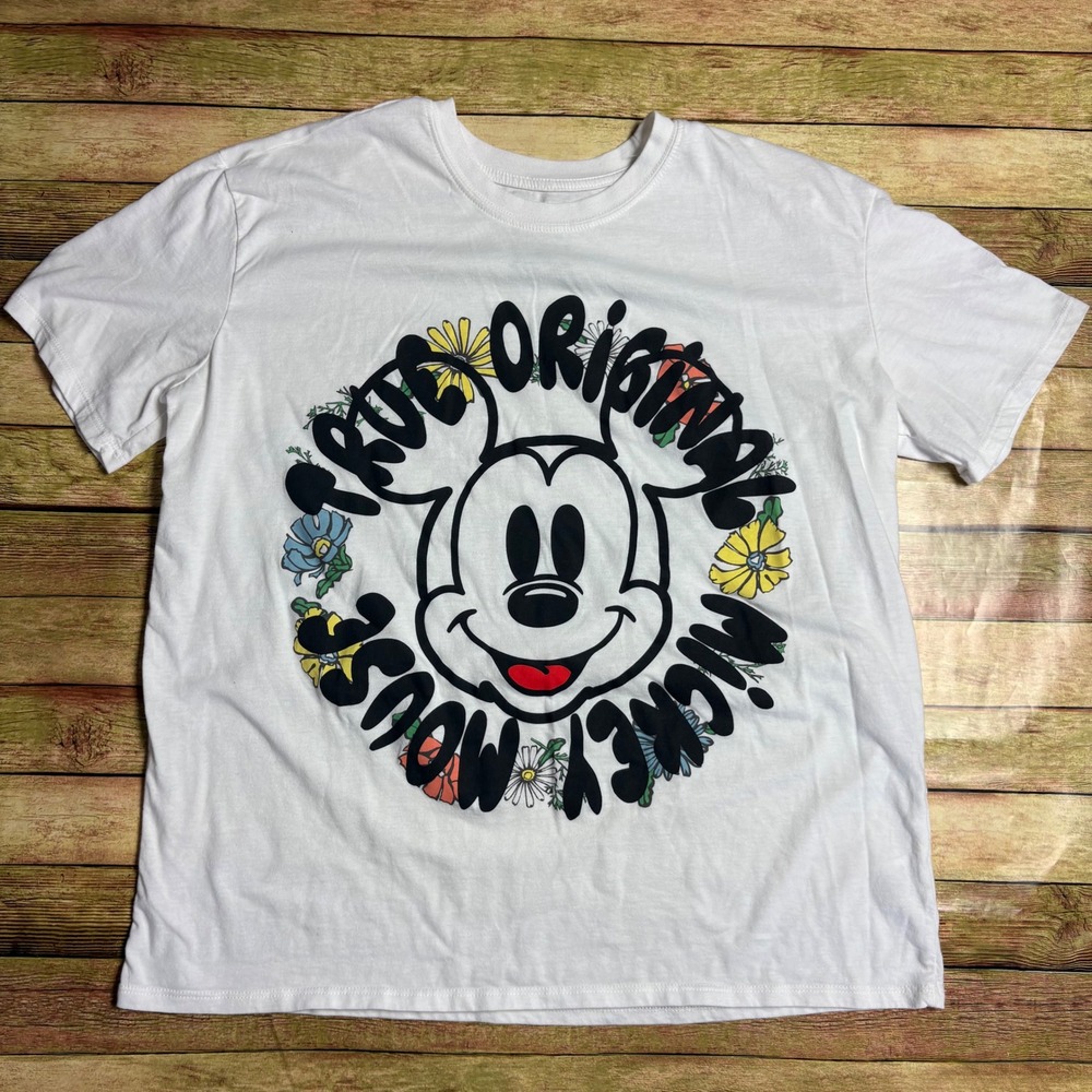 Disney Mickey Mouse True Original Floral Graphic Tee Shirt White XXL Plus Size